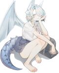  1girl asymmetrical_bangs bag bare_legs barefoot breasts commentary_request dragon_girl dragon_horns dragon_tail dragon_wings full_body grey_hair grey_skirt hair_over_one_eye hand_on_own_cheek hand_on_own_face horns huge_breasts looking_at_viewer miniskirt one_eye_covered open_collar original pero_(peroneko0510) pleated_skirt pointy_ears school_bag school_uniform shirt shirt_tucked_in short_hair simple_background skirt solo squatting tail tail_under_clothes toes white_background white_shirt wings 