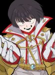  1boy asahi_sas_brutus black_background black_eyes black_hair constricted_pupils crazy_smile final_fantasy final_fantasy_xiv glaa_da gloves highres hyur jacket male_focus open_mouth short_hair simple_background smile solo upper_body white_gloves white_jacket 