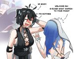  2girls ahoge ahoge_wag bare_shoulders black_dress black_hair blue_veil breasts cleavage closed_eyes colored_inner_hair commentary cross-laced_clothes cross-laced_dress dress elbow_pads english_commentary english_text expressive_hair female_rover_(wuthering_waves) flying_sweatdrops footprint_on_face game_screenshot_inset gold_ship_(umamusume) hair_ornament hairclip hands_up highres large_breasts leppib multicolored_hair multiple_girls open_mouth parallel_hairclips rover_(wuthering_waves) scratching_head shorekeeper_(wuthering_waves) sleeveless sleeveless_dress smile sweatdrop two-tone_veil umamusume veil white_veil worried wuthering_waves 