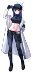  1girl :/ absurdres baseball_cap belt black_belt black_boots blue_archive blue_eyes blue_gloves blue_hair blue_halo blue_hat blue_pants blue_shirt blush boots breasts buckle chest_harness closed_mouth coat commentary_request crop_top full_body gloves halo hamaing001 hand_in_pocket hand_on_headwear harness hat highres knife knife_sheath korean_commentary large_breasts latin_text long_hair long_sleeves looking_at_viewer navel off_shoulder open_clothes open_coat pants saori_(blue_archive) sheath sheathed shirt simple_background sleeveless sleeveless_shirt snap-fit_buckle solo standing tachi-e thigh_sheath white_background white_coat 