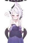  absurdres black_halo blue_archive blush breasts demon_girl demon_horns demon_wings dress earrings gloves halo highres hina_(blue_archive) hina_(dress)_(blue_archive) horns jewelry long_hair looking_at_viewer necklace nipples pendant purple_dress purple_eyes purple_gloves qz simple_background small_breasts white_background white_hair wings 