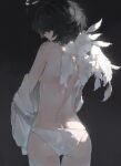  1girl absurdres ass bare_back bare_shoulders black_hair blush feathered_wings from_behind fuunyon hair_over_eyes halo highres no_bra original panties parted_lips shirt solo underwear undressing white_halo white_panties white_shirt wings 