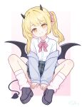  1girl absurdres black_skirt blonde_hair blue_archive blush bow bowtie cardigan closed_mouth collared_shirt demon_girl demon_horns demon_tail demon_wings dress_shirt full_body hair_between_eyes hair_ornament highres horns ibuki_(blue_archive) jacket kafka963 kneehighs long_hair long_sleeves looking_at_viewer original plaid_clothes plaid_skirt pleated_skirt pointy_ears red_bow red_bowtie ribbon school_uniform shirt shoes simple_background sitting skirt sleeves_past_wrists smile socks solo tail twintails white_background white_shirt wings yellow_eyes 