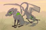 ambiguous_gender black_claws black_horn claws dragon duo feet feral fur furred_dragon furred_scalie green_body green_eyes green_fur grey_body grey_fur hi_res horn hybrid mythological_creature mythological_scalie mythology scalie south-breeze talons toes