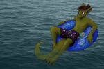 anthro big_ears brown_hair claws clothed clothing cute_fangs ear_piercing fangs frog_print green_body hair hair_bun hi_res inheritor lizard lying male non-mammal_hair on_back ozzie_sergal piercing pool_float project_silverfish pupils purple_eyes reclining reptile scalie slit_pupils snaggle_tooth solo swimming_trunks swimwear tail teeth thick_tail topless water