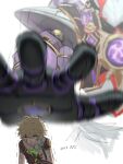  1boy aether_(genshin_impact) ahoge armor black_armor blonde_hair blood blood_in_hair blood_on_clothes blood_on_face braid brown_gloves brown_shirt bruise bruise_on_arm bruise_on_face cable commentary_request debris earrings gauntlets genshin_impact gloves gold_trim hair_between_eyes hand_on_own_chest hand_up highres imminent_punch injury jewelry korean_commentary korean_text long_hair looking_down mecha mechanical_arms mechanical_hands mitsudomoe_(shape) nosebleed one_eye_closed robot rope scaramouche_(genshin_impact) scaramouche_(shouki_no_kami)_(genshin_impact) scarf shimenawa shirt short_sleeves shoulder_armor simple_background single_earring sweat teeth tlqkffhadktlqkf tomoe_(symbol) translation_request trembling upper_body white_background white_scarf yellow_eyes 