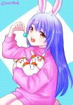  &gt;_&lt; 1girl :d animal_ear_fluff animal_ears arm_up barefoot blue_background candy closed_eyes closed_mouth commentary_request drooling food hair_down highres holding holding_candy holding_food holding_lollipop hololive hug kiritoma lollipop long_hair long_sleeves mouth_drool pekomon_(usada_pekora) pink_sweater puffy_long_sleeves puffy_sleeves purple_hair rabbit_ears red_eyes seiza short_eyebrows sitting smile sweater teeth thick_eyebrows tongue tongue_out turtleneck turtleneck_sweater twitter_username two-tone_background upper_body upper_teeth_only usada_pekora very_long_hair virtual_youtuber white_background xd |_| 