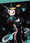  1girl absurdres arknights black_dress black_hair breasts chinese_commentary cleavage cleavage_cutout clothing_cutout colored_extremities commentary cowboy_shot cross-laced_clothes cross-laced_dress dragon_girl dragon_horns dragon_tail dress dusk_(arknights) energy fingernails ghosty_(xiaobai) highres hitodama horns jiangshi large_breasts long_fingernails long_hair long_sleeves looking_at_viewer making-of_available navel_cutout no_panties ofuda ofuda_on_head open_mouth orange_eyes pointy_ears procreate_(medium) sharp_fingernails solo standing tail wide_sleeves 