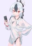 1girl absurdres aoore_x64 bikini black_bikini black_bow black_hair black_horns black_nails blue_archive bow camera closed_mouth commentary demon_horns grey_hair hair_between_eyes halo hands_on_own_hips highres holding holding_camera horns kayoko_(blue_archive) long_hair long_sleeves red_eyes see-through_clothes see-through_shirt shirt solo standing swimsuit symbol-only_commentary white_shirt 