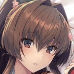  1girl blush brown_eyes brown_hair cherry_blossoms close-up commentary_request flower hair_between_eyes hair_flower hair_intakes hair_ornament headgear kantai_collection kochipu long_hair looking_at_viewer open_mouth ponytail solo very_long_hair yamato_(kancolle) yamato_kai_ni_(kancolle) 