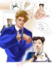  1girl 2boys absurdres bardy_warrior blue_suit chun-li commentary double_bun english_commentary english_text flattop food guile hair_bun highres luke_sullivan multiple_boys necktie nipples pizza purple_necktie scar scar_on_face smile speech_bubble street_fighter street_fighter_6 suit 