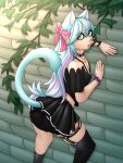 absurd_res against_surface against_wall ahegarou animal_humanoid biped blue_ears blue_eyes blue_hair blue_tail bottomwear bow_ribbon bulge bulge_from_behind cat_humanoid choker clothed clothing crossdressing felid felid_humanoid feline feline_humanoid femboy fire_emblem fire_emblem_engage garter_straps hair hi_res humanoid jewelry legwear looking_at_viewer looking_back male male_humanoid mammal mammal_humanoid necklace nintendo raised_tail rosado_(fire_emblem) skirt solo tail thigh_highs underwear