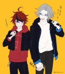 2boys anger_vein aotsuki_eito black_jacket black_pants blue_eyes blush cowboy_shot cropped_jacket glasses grey_hair hand_up holding holding_hands holding_microphone hood hoodie interlocked_fingers jacket looking_at_another male_focus microphone multicolored_hair multiple_boys official_alternate_costume pants red_hair red_hoodie seiran_yoroz shirt shirt_tucked_in short_hair smile streaked_hair sumino_takumi teeth the_hundred_line_-last_defense_academy- tower_records turtleneck turtleneck_shirt twitter_username white_shirt yellow_background 