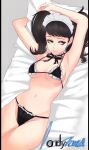  1girl armpits arms_up bikini black_bikini black_hair blysill breasts brown_eyes choker cowboy_shot eyelashes frilled_bikini frilled_choker frills from_above grey_background highres indoors kawakami_sadayo large_breasts lips logo_parody looking_to_the_side maid_headdress micro_bikini on_bed parted_lips persona persona_5 pillow solo swept_bangs swimsuit thighs twintails white_choker 