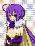  1girl ahoge alchemist_(ragnarok_online) arm_under_breasts breasts brown_cape brown_dress cape cleavage closed_mouth commentary_request dress elbow_gloves fingerless_gloves fur_collar gloves green_eyes large_breasts long_hair looking_at_viewer meiko_(nattu303) orange_background purple_gloves purple_hair ragnarok_online smile solo strapless strapless_dress upper_body white_background 