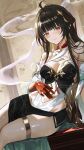  1girl absurdres ahoge arm_support bare_shoulders black_dress blunt_bangs breasts brown_hair chinese_clothes cleavage closed_mouth colored_extremities commentary_request criss-cross_halter diamond-shaped_pupils diamond_(shape) dress dutch_angle groin hair_ornament halterneck highres honkai:_star_rail honkai_(series) jewelry large_breasts lingsha_(honkai:_star_rail) long_hair looking_at_viewer maria_(maria_rose) navel orange_eyes partial_commentary red_hands sitting smile solo symbol-shaped_pupils thighlet thighs very_long_hair 