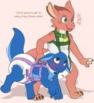 ageplay anthro blue_body blush brown_horn bunnykisses carrying_another clothed clothing diaper duo glistening glistening_eyes green_eyes green_harness grey_eyes harness hi_res horn infantilism kobold looking_up male male_anthro open_mouth open_smile pink_body pupils purple_harness roleplay scalie slit_pupils smile wearing_diaper white_diaper white_horn