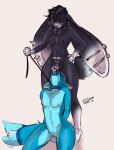 absurd_res anthro balls black_body black_fur blue_body blue_eyes blue_fur bodily_fluids breasts canid canine canis chastity_cage chastity_cage_only chastity_device chastity_device_only collar dominant_in_chastity duo ear_piercing facial_piercing flat_chastity_cage fox fur genitals gradient_fur gynomorph hair hi_res hybrid intersex intersex/male lagomorph leash leash_pull leashed_collar leporid lilith_(bxnny) male mammal nipples nose_piercing nude paperclipper piercing rabbit ring_piercing short_hair simple_background smile tail tail_motion tailwag trans_(lore) trans_woman_(lore) wearing_chastity_cage wearing_chastity_device white_body white_fur wolf