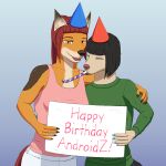 absurd_res anthro bottomwear breasts canid canine canis clothed clothing domestic_dog duo english_text female grace_(androidz) happy_birthday hat headgear headwear hi_res holding_object holding_sign male mammal mel_(androidz) open_mouth pants party_hat party_horn shirt sign simple_background smile sweater tail text topwear trans_(lore) trans_woman_(lore) xevv