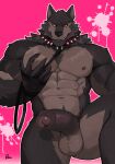 5_fingers abs anthro balls biceps canid canine collar digital_drawing_(artwork) digital_media_(artwork) erection eyebrows fingers foreskin genitals glans hi_res leash looking_at_viewer male mammal muscular muscular_male navel nipples penis radcanine solo