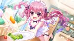  1girl :o alternate_costume apron asahi_hina barefoot bikini black_bow black_bowtie blush bow bow_apron bowtie breasts bush ceiling_light cherry_tomato cleavage clumsy couch day detached_collar dot_nose dutch_angle enmaided faucet film_grain fried_egg frilled_apron frilled_bikini frills game_cg heart holding holding_plate indoors izumi_tsubasu lens_flare lettuce low_twintails maid maid_headdress measuring_cup medium_breasts nearly_naked_apron non-web_source official_art open_mouth outstretched_arms pillow pink_bikini pink_eyes pink_hair plate purple_bow purple_slippers re:stage! rug shelf side-tie_bikini_bottom single_slipper sink slippers small_sweatdrop solo sparkle stuffed_chicken sunlight swimsuit thigh_strap tomato tree tripping twintails unworn_slippers white_apron wicker_basket window wooden_door wooden_floor 
