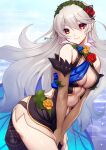  1girl armored_leotard ass bare_shoulders black_panties bodystocking breasts cape closed_mouth covered_navel dress elbow_gloves female_corrin_(fire_emblem) female_corrin_(resplendent)_(fire_emblem) fire_emblem fire_emblem_fates fire_emblem_heroes flower gloves gradient_clothes hair_ornament hair_vines hairband hands_on_own_thighs leotard long_hair looking_at_viewer medium_breasts official_alternate_costume panties panty_straps pointy_ears red_eyes see-through_clothes see-through_cutout smile solo sylphy_fe thighs thorns underwear white_hair wing_cape 