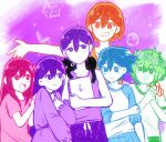  2girls 4boys alternate_color alternate_costume alternate_universe antenna_hair aubrey_(headspace)_(omori) aubrey_(omori) bailan1130 basil_(headspace)_(omori) basil_(omori) black_shorts blue_eyes blue_hair blush bow bright_pupils cat closed_mouth collarbone colored_skin hair_bow hero_(headspace)_(omori) hero_(omori) highres holding holding_sketchbook kel_(headspace)_(omori) kel_(omori) long_hair long_sleeves looking_at_another mari_(headspace)_(omori) mari_(omori) mewo multiple_boys multiple_girls omori omori_(omori) open_mouth orange_eyes orange_hair pink_bow pink_eyes pink_hair purple_eyes purple_tank_top shirt short_hair short_sleeves shorts sketchbook smile t-shirt tank_top teeth upper_teeth_only white_pupils white_skin 