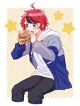  1boy black_hair black_pants blue_eyes blush burger commentary_request eating food hair_between_eyes highres holding holding_burger holding_food hood hood_down hoodie invisible_chair jacket long_sleeves male_focus momo_(momo_2muco) multicolored_hair open_clothes open_jacket open_mouth pants red_hair sitting star_(symbol) streaked_hair sumino_takumi the_hundred_line_-last_defense_academy- white_hoodie 