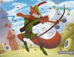 2024 adobe_photoshop_(artwork) anthro arm_tuft arrow_(weapon) belt belt_buckle bent_arm bent_leg black_eyes black_nose blue_sky bow_(weapon) brown_belt buckle canid canine cheek_tuft closed_smile clothed clothed_anthro clothed_male clothing cloud colored confident confident_anthro confident_male day digital_drawing_(artwork) digital_media_(artwork) disney disney_lorcana elbow_tuft english_description english_text facial_tuft federico_maria_cugliari flag fluffy fluffy_tail footwear fox fur furrowed_brow furrowed_eyebrows green_clothing green_footwear green_hat green_headwear green_ribbon green_shirt green_shoes green_topwear green_tunic hat hat_feather headgear headwear hi_res holding_bow_(weapon) holding_object holding_ranged_weapon holding_weapon leaf light lighting long_tail loose_feather male male_anthro mammal midair mouth_closed multicolored_body multicolored_fur official_art orange_body orange_fur orange_tail pantsless_anthro pantsless_male pink_inner_ear quiver_(object) ranged_weapon red_fox robin_hood robin_hood_(disney) shaded shirt shoes sky smile solo tail target tent text topwear true_fox tuft tunic two_tone_body two_tone_fur weapon white_body white_fur