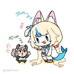  +++ 2girls :3 angry animal_ear_fluff animal_ears blonde_hair blue_eyes blue_streaks blush brown_hair cat_ears chibi dress fang fins fish_tail green_dress hands_on_own_knees hat height height_difference highres indie_virtual_youtuber leaning_forward lifebuoy_hair_ornament long_hair long_sleeves low_twintails medium_hair multicolored_hair multiple_girls nimi_nightmare nurse_cap one_side_up open_mouth pointing pointing_at_another puff_of_air sameko_saba shibedraws sidelocks simple_background sleeveless streaked_hair tail tapir_ears tapir_girl twintails twitter_username two-tone_hair v-shaped_eyebrows very_long_hair virtual_youtuber white_background white_dress 
