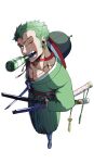  1boy absurdres bottle commentary_request earrings from_above full_body green_hair hanbok hat highres jewelry korean_clothes korean_commentary male_focus one_piece roronoa_zoro sash scar scar_across_eye scar_on_face short_hair sideburns simple_background solo stitched_torso stitches user_wgtw7488 white_background 