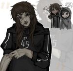  1girl :d afraid_of_monsters bag bags_under_eyes black_eyes black_hoodie blood blood_on_face blood_on_mouth blush brown_hair burn_scar cry_of_fear david_leatherhoff frown genderswap genderswap_(mtf) grey_hoodie hair_over_shoulder head_tilt highres hood hood_up hoodie looking_at_another looking_at_viewer medium_hair print_hoodie pulling_own_clothes scar scar_on_arm scar_on_face scar_on_nose shoulder_bag simon_henriksson sleeves_rolled_up smile sweatdrop track_marks turtleneck upper_body vrmnyam zoom_layer 