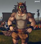 absurd_res acidwuff anthro arm_hair black_nose body_hair brown_body brown_fur canid canine chest_hair clothing day eyewear front_view fur grey_clothing grey_topwear group hair hi_res leg_hair male male_anthro mammal obscured_eyes orange_hair outside pubes short_hair solo_focus standing sunglasses topwear white_body white_fur