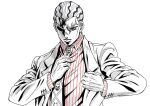  1boy adjusting_clothes adjusting_necktie cheekbones collared_shirt commentary_request diamond_wa_kudakenai formal_clothes highres ishimoto_shun&#039;ichi jacket jojo_no_kimyou_na_bouken kawajiri_kosaku kira_yoshikage long_sleeves looking_at_viewer male_focus monochrome multicolored_hair necktie official_style partially_shaded_face pinstripe_pattern pinstripe_shirt shirt short_hair solo spot_color suit two-tone_hair upper_body white_background 