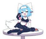  1girl :d animal_ears animal_hands arm_support bare_shoulders black_bra black_gloves black_sclera black_skirt black_thighhighs blue_hair blush_stickers bob_cut bra breasts card cat_choker cat_lingerie choker cleavage collarbone colored_sclera commentary detached_sleeves dot_nose drooling earrings english_commentary frilled_bra frilled_skirt frills full_body furrowed_brow furry furry_female gloves hair_between_eyes hand_up highres indie_virtual_youtuber jewelry lingerie looking_at_viewer mask mask_on_head medium_breasts midriff mouth_drool navel no_shoes on_table open_mouth paw_gloves pink_choker playing_card pleated_skirt pom_pom_(clothes) pom_pom_earrings puffy_detached_sleeves puffy_sleeves round_table short_hair simple_background sitting skirt sleep_mask smile solo table tail thighhighs underwear uno_(game) v-shaped_eyebrows virtual_youtuber wavy_mouth white_background white_eyes white_fur white_tail wolf_ears wolf_girl wolf_tail wolfychu wolfychu_(artist) yokozuwari zettai_ryouiki 