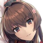  1girl brown_eyes brown_hair cherry_blossoms close-up commentary_request flower hair_between_eyes hair_flower hair_intakes hair_ornament headgear kantai_collection kochipu long_hair looking_at_viewer open_mouth parted_lips ponytail sakuramon smile solo very_long_hair yamato_(kancolle) yamato_kai_ni_(kancolle) 