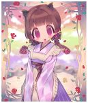  1girl animare blush_stickers border brown_hair capybara_ears capybara_girl hair_ribbon highres long_sleeves low_twintails maid nanashi_inc. no_nose open_mouth petals pink_eyes ribbon sleeves_past_wrists twintails upper_body virtual_youtuber wa_maid white_border wide_sleeves yunohara_izumi zudzuki 