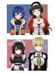  4girls ^_^ astra_yao belle_(zenless_zone_zero) black_coat black_hair black_shirt blonde_hair blue_hair closed_eyes coat coat_on_shoulders collared_shirt colored_inner_hair crossed_bangs earrings ellen_joe evelyn_chevalier hair_ornament hairband highres jewelry letter_hair_ornament long_hair maid metal_hairband mole mole_under_eye multicolored_hair multiple_girls necktie oshikurui purple_eyes razor_blade_hair_ornament red_eyes red_shrug shirt smile spiked_headband uneven_bangs upper_body white_hairband white_shirt yellow_necktie zenless_zone_zero 