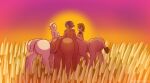 ambiguous_gender animal_humanoid big_butt black_hair blonde_hair breasts brown_hair butt dark_body dark_skin digital_drawing_(artwork) digital_media_(artwork) digitigrade grass group hair hi_res humanoid light_body light_skin long_feet looking_at_another mammal monotone_body nude plant psychpsyo rear_view savanna signature sky small_breasts sunset tail tail_tuft taur text thick_thighs trio tuft wide_hips