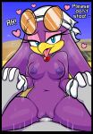 absurd_res anthro avian bird blackmore blush blush_lines bodily_fluids breasts dialogue duo english_text eyewear eyewear_on_head female first_person_view hand_holding headgear heart_symbol hi_res hirundinid male male/female male_pov motion_lines navel nipples oscine passerine sega sonic_riders sonic_the_hedgehog_(series) sunglasses sunglasses_on_head swallow_(bird) sweat sweatdrop text tongue tongue_out vaginal wave_the_swallow