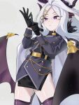  1girl ahoge asumo_arare black_gloves black_halo black_skirt black_thighhighs blue_archive blush coat coat_on_shoulders demon_girl demon_horns demon_wings gloves halo highres hina_(blue_archive) horns long_hair looking_at_another purple_eyes simple_background skirt solo standing thighhighs white_hair wings 