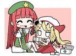  adomi arm_behind_head ascot bad_id bad_pixiv_id ballpoint_pen_(medium) bandages blonde_hair blush_stickers braid closed_eyes determined dress first_aid first_aid_kit flandre_scarlet hair_ribbon hat hat_ribbon hong_meiling injury millipen_(medium) mob_cap multiple_girls open_mouth pants puffy_sleeves red_dress red_hair ribbon shirt short_hair side_ponytail sitting skirt skirt_set smile star touhou traditional_media twin_braids wavy_mouth wings 