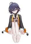  1girl absurdres ahoge belle_(zenless_zone_zero) black_eyes blue_hair chinese_clothes flat_chest full_body highres looking_at_viewer nagata_gata no_shoes open_mouth pantyhose pantyhose_tug short_hair simple_background sitting smile soles solo toes white_background white_pantyhose zenless_zone_zero 