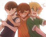  3boys alternate_costume antenna_hair arm_on_another&#039;s_shoulder bailan1130 basil_(faraway)_(omori) basil_(omori) black_eyes black_hair black_tank_top blonde_hair blush bright_pupils brown_hair closed_eyes collared_shirt dark-skinned_male dark_skin flower food green_shirt grin hair_flower hair_ornament hand_on_another&#039;s_shoulder highres holding holding_food holding_popsicle kel_(faraway)_(omori) kel_(omori) looking_at_viewer male_focus multiple_boys omori open_mouth orange_shirt parted_lips popsicle shirt short_hair short_sleeves simple_background smile sunny_(omori) sweat t-shirt tank_top teeth white_background white_pupils 
