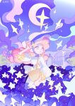  1girl absurdres basket blue_eyes bonnet braid bright_pupils cloud commentary_request crescent crescent_earrings crescent_moon dress earrings expressionless eyelashes floating_hair full_body gate gradient_hair hand_on_headwear highres holding holding_basket jewelry korean_commentary light_blush long_hair long_sleeves low-tied_long_hair moon multicolored_hair night night_sky orange_hair original outdoors parted_lips puffy_long_sleeves puffy_sleeves purple_bonnet purple_hair purple_sky see-through_clothes see-through_headwear single_braid sky solo square_neckline standing star_(sky) star_(symbol) starry_sky tareme twitter_username two-tone_hair very_long_hair wedjigamja white_dress white_pupils 