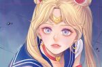  1girl artist_name bishoujo_senshi_sailor_moon blonde_hair blue_eyes blue_sailor_collar choker circlet commentary_request crescent crescent_earrings double_bun earrings eundi_ed eyelashes eyeshadow hair_bun jewelry korean_commentary magical_girl makeup meme parted_lips red_choker red_eyeshadow sailor_collar sailor_moon sailor_moon_redraw_challenge_(meme) sailor_senshi_uniform short_sleeves sidelocks solo sweatdrop tsukino_usagi twitter_username 