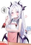  absurdres ahoge ako_(blue_archive) apron blue_archive bowl box chocolate demon_girl demon_horns demon_wings gift gift_box highres hina_(blue_archive) holding holding_bowl horns long_hair looking_at_viewer muki_c purple_eyes simple_background standing valentine white_background white_hair wings 