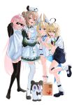  4girls :d ahoge animal_ear_fluff animal_ears apron black_gloves black_hair black_overalls black_sleeves black_thighhighs blonde_hair blue_eyes blue_hair blue_nails bow box cardboard_box cat_ears creature dooby_(vtuber) dress english_commentary fins fish_girl fish_tail full_body gloves green_dress green_eyes grin hair_bow hat highres indie_virtual_youtuber leg_lift long_hair loose_socks massiveyog mouse_girl mouse_tail multicolored_hair multiple_girls mumble_(shachimu) nail_polish navel nimi_nightmare nurse_cap one_side_up original overalls pink_hair qr_code sailor_dress sameko_saba sandals shirt shorts smile socks standing standing_on_box standing_on_one_leg streaked_hair sunglasses sweater tail tapir_ears tapir_girl teeth thighhighs toenail_polish toenails very_long_hair virtual_youtuber white_apron white_hair white_shirt white_shorts white_socks white_sweater white_thighhighs 