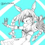  1girl ;d animal_ear_fluff animal_ears blue_background bow braid carrot_hair_ornament commentary_request detached_sleeves don-chan_(usada_pekora) dress food-themed_hair_ornament fur-trimmed_dress fur-trimmed_gloves fur_trim gloves hair_between_eyes hair_bow hair_ornament highres hololive kiritoma leotard looking_at_viewer one_eye_closed outstretched_arms puffy_short_sleeves puffy_sleeves rabbit_ears short_eyebrows short_sleeves smile solo strapless strapless_dress strapless_leotard thick_eyebrows twin_braids twintails twitter_username two-tone_background usada_pekora usada_pekora_(1st_costume) virtual_youtuber white_background 