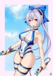  1girl bare_shoulders blue_bow blue_one-piece_swimsuit blue_sky blush bow breasts controller fate/grand_order fate_(series) guriguri_(arayotto4351) hair_bow headset highleg highleg_one-piece_swimsuit highres large_breasts long_hair looking_at_viewer one-piece_swimsuit ponytail red_eyes sky solo swimsuit thigh_strap thighs tomoe_gozen_(fate) tomoe_gozen_(swimsuit_saber)_(first_ascension)_(fate) two-tone_swimsuit white_hair white_one-piece_swimsuit wristband 